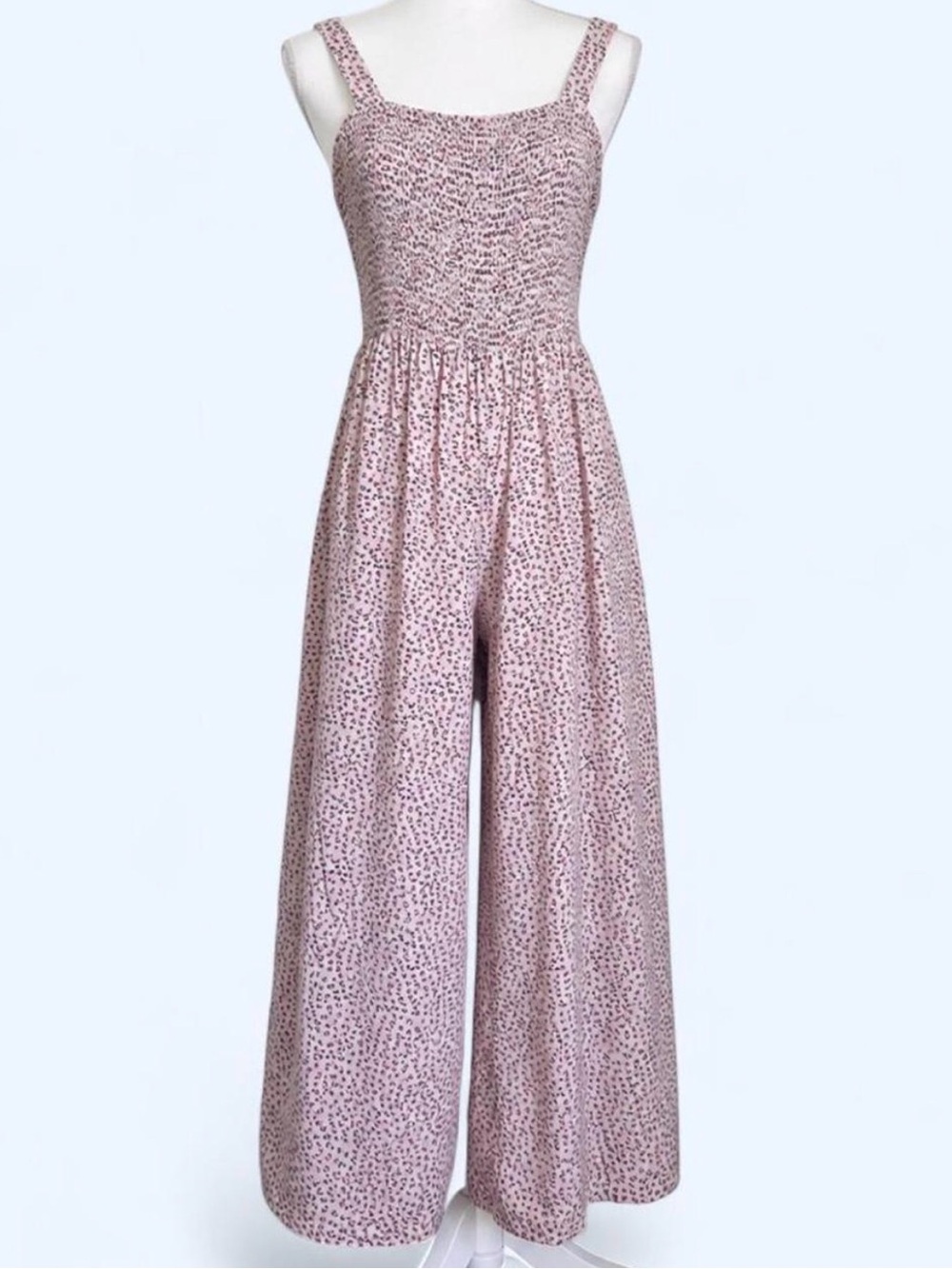 Ditsy Floral Smocked Wide Leg Jumpsuit Boho Prairie Romantic Large